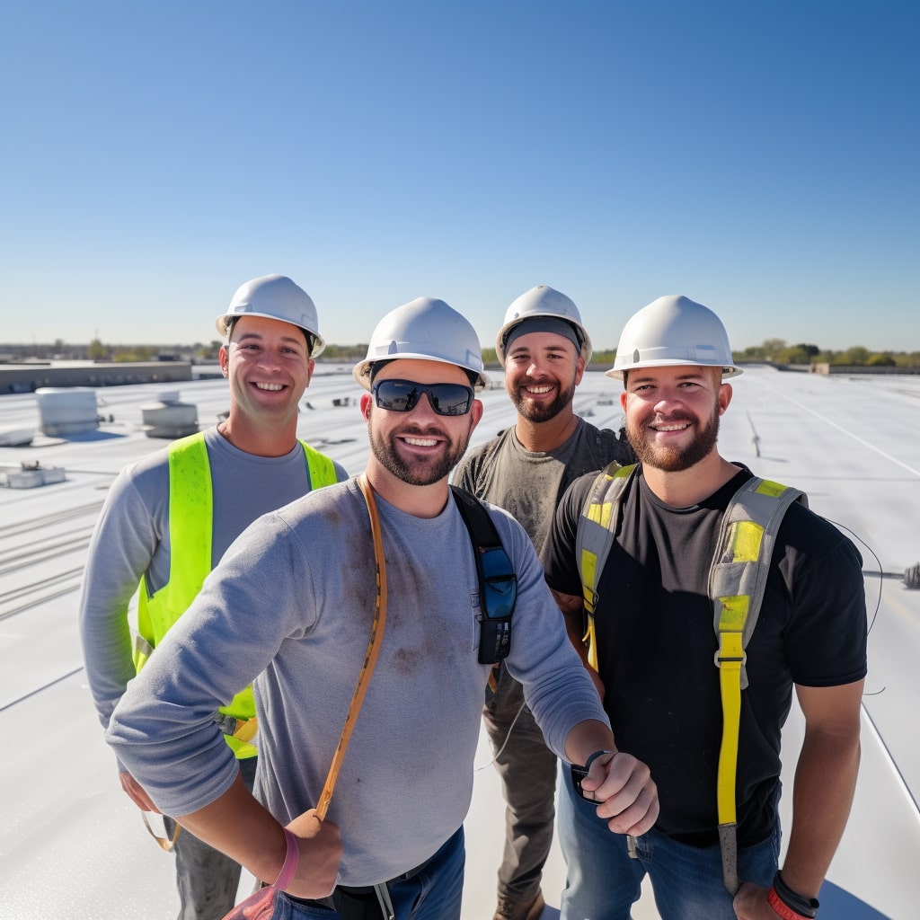 four roofing contractors standing on commercial SPF flat roof