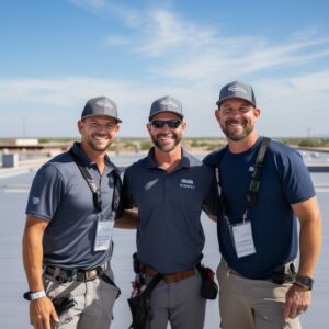 three roofing contractors on commercial roof in Phoenix