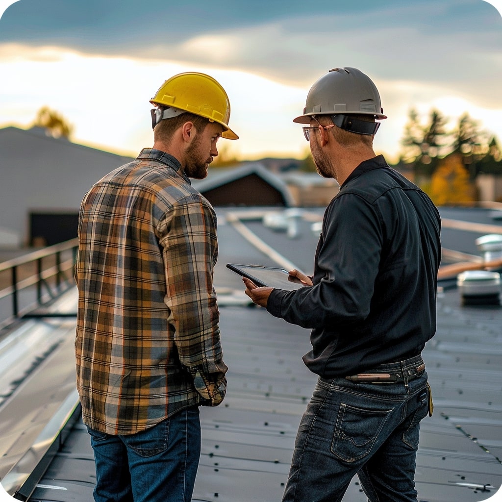 roofing contractor consulting with client on commercial roof in San Diego