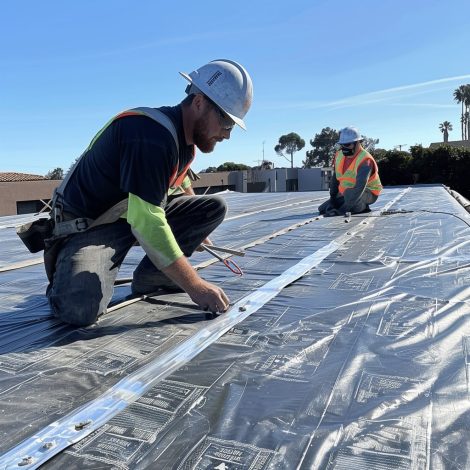 roofers working on commercial roof replacement